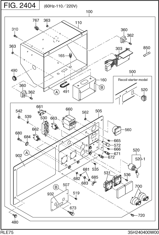 Control Box Diagram and Parts List for RLE75042502 RGX7500E Subaru Generator