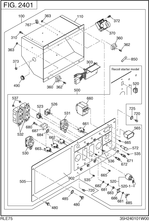 Control Box Diagram and Parts List for RLE75053010 RGX7500 Subaru Generator
