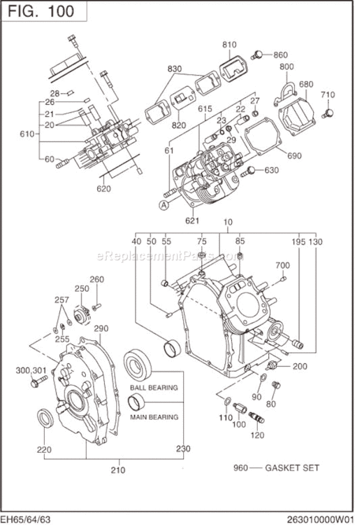 Crank Case Group Diagram and Parts List for  Subaru Engine