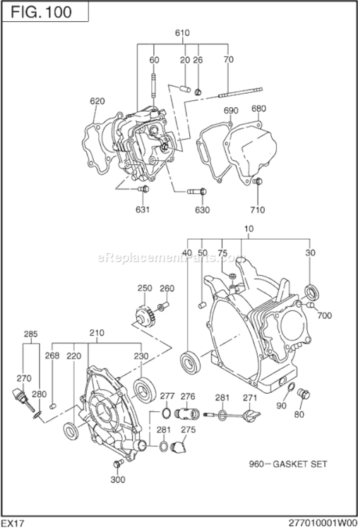 Crank Case Diagram and Parts List for  Subaru Engine