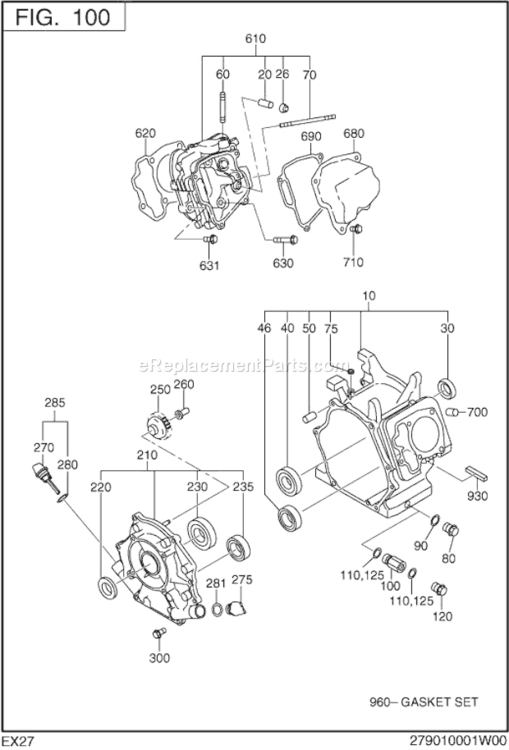 Crank Case Diagram and Parts List for  Subaru Engine