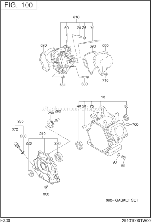 Crank Case Diagram and Parts List for  Subaru Engine