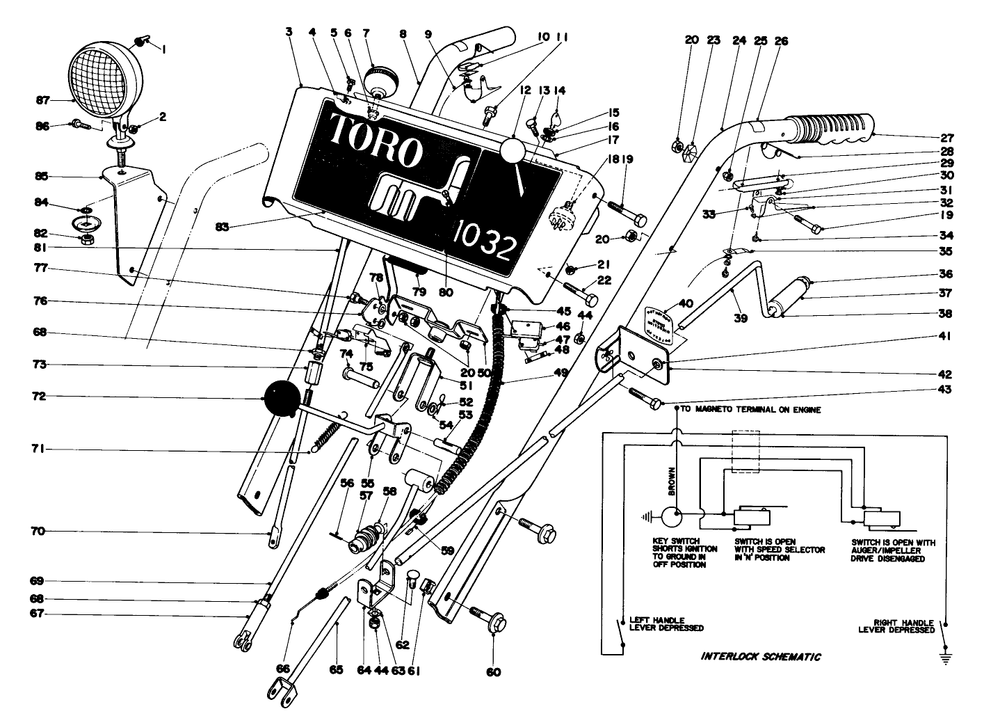 Handle Assembly Diagram and Parts List for 6000001 - 6999999 Toro Snow Blower