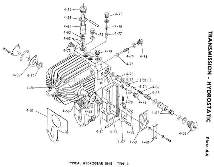 4.010 Transmission-Hydrostatic-4.050 Component Parts, Hydrogear Type B (plate 4.4) Diagram and Parts List for 1971 Toro Lawn Tractor