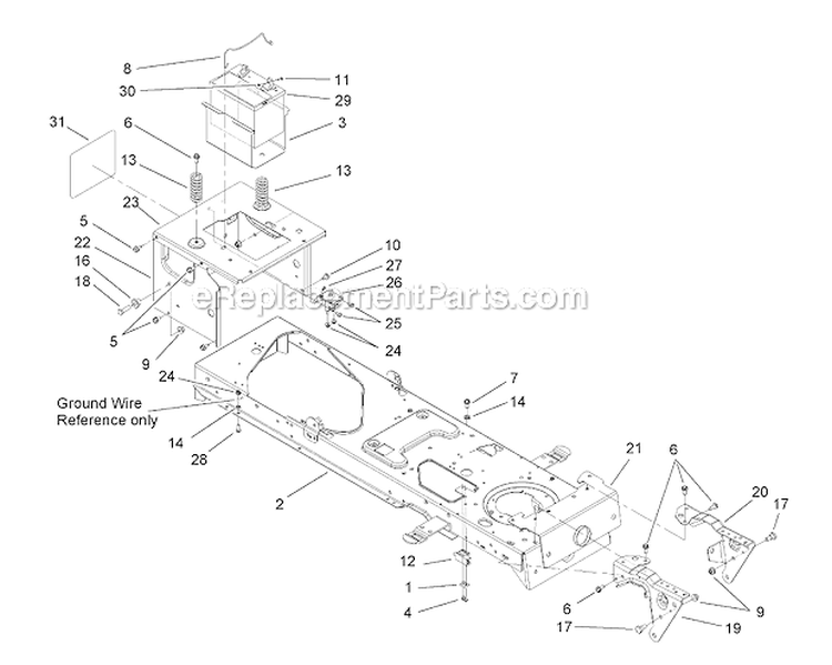 Frame  Battery Assembly Diagram and Parts List for  Toro Lawn Tractor