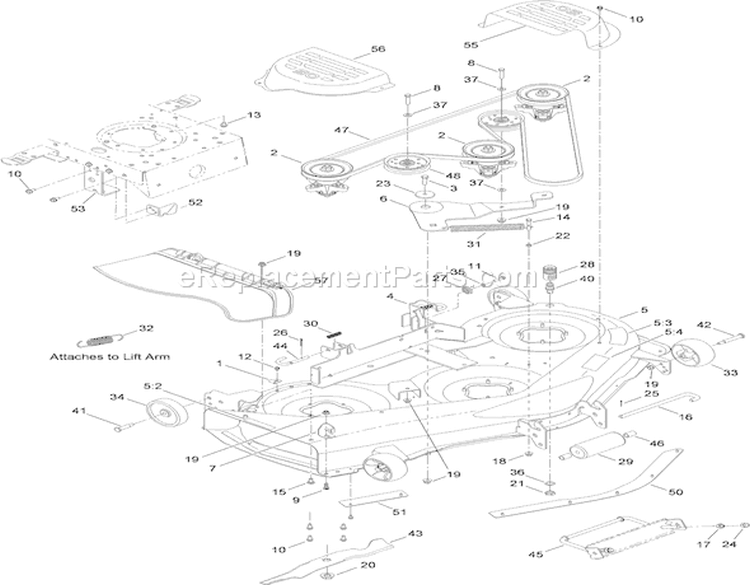 50 Inch Deck Assembly Diagram and Parts List for 1-1 - 2009 Toro Lawn Tractor