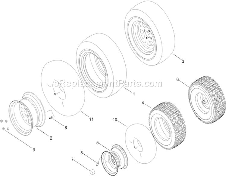 Front and Rear Wheel Assembly Diagram and Parts List for 1-1 - 2009 Toro Lawn Tractor