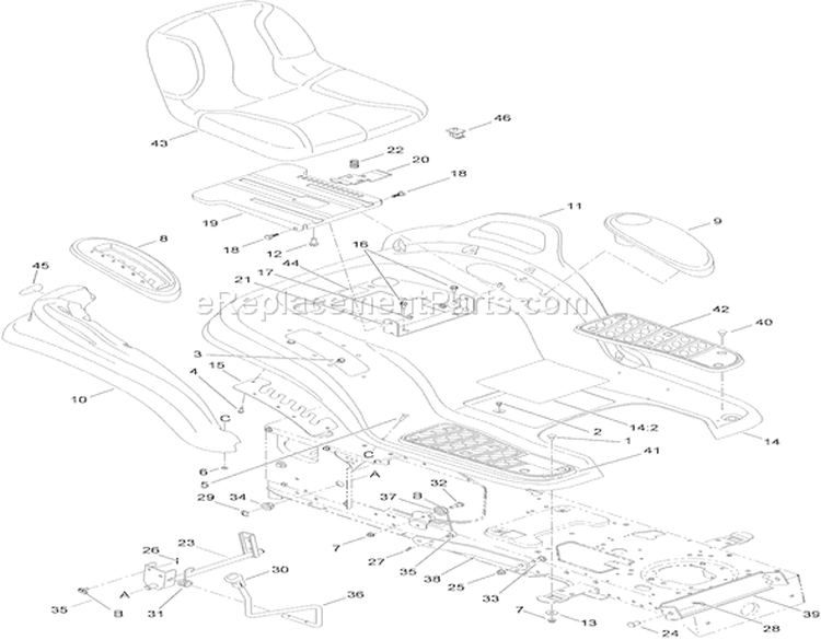 Seat, Fender and Deck Lift Assembly Diagram and Parts List for 1-1 - 2009 Toro Lawn Tractor