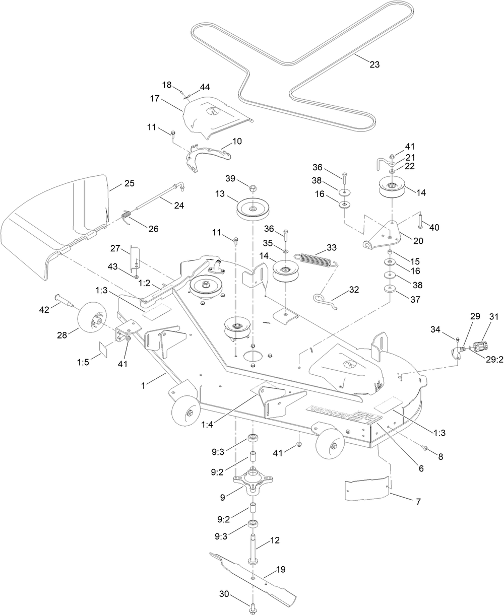 54 Inch Deck And Decal Assembly Diagram and Parts List for 415500000 - 417199999 Toro Lawn Tractor