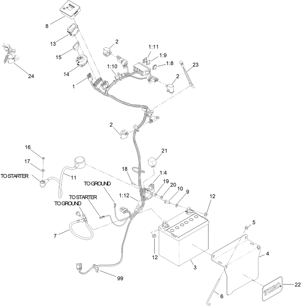 Electrical Assembly Diagram and Parts List for 415000000 - 999999999 Toro Lawn Mower
