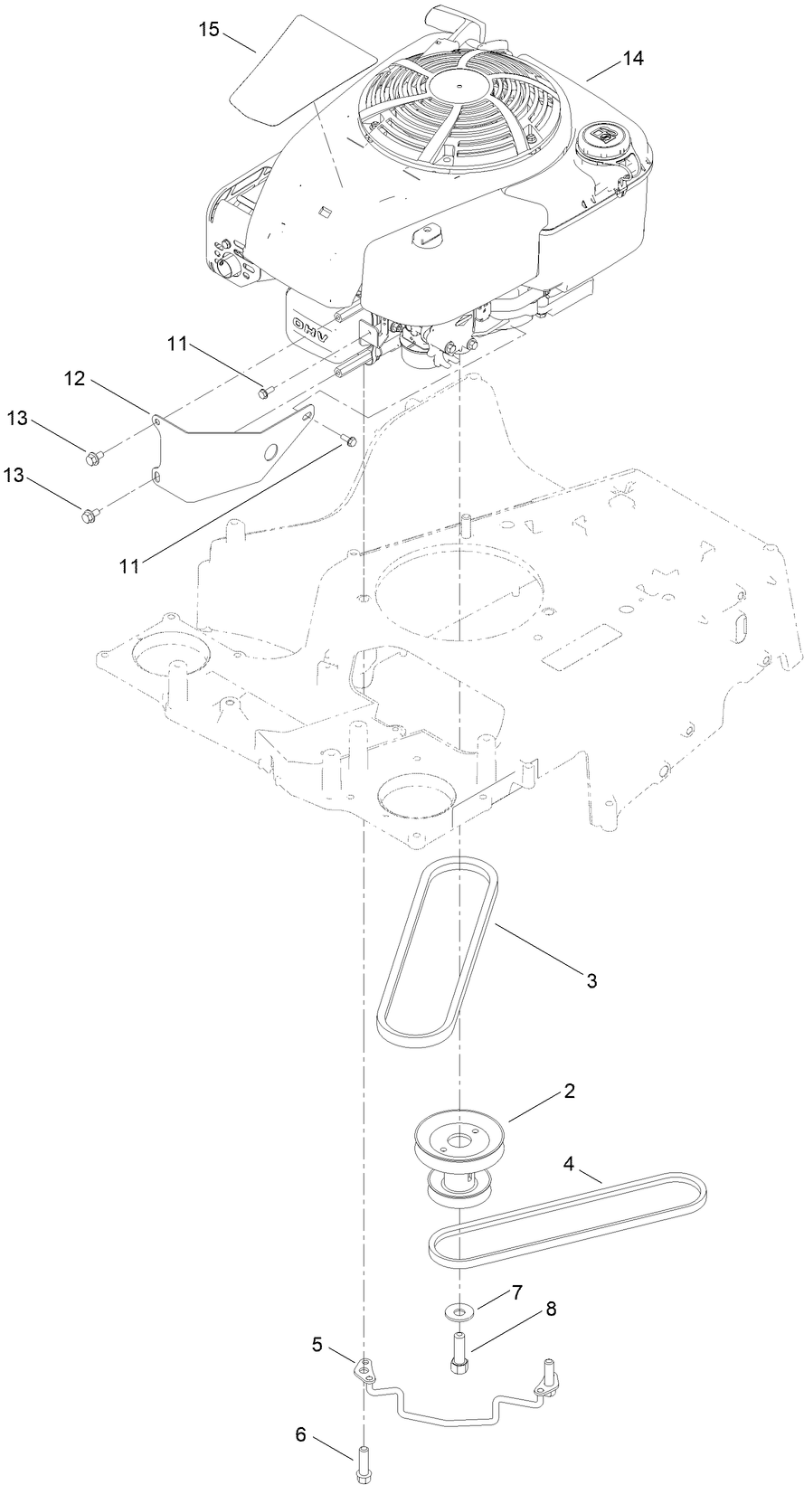 Engine And Belt Assembly Diagram and Parts List for 407000000 - 412999999 Toro Lawn Mower