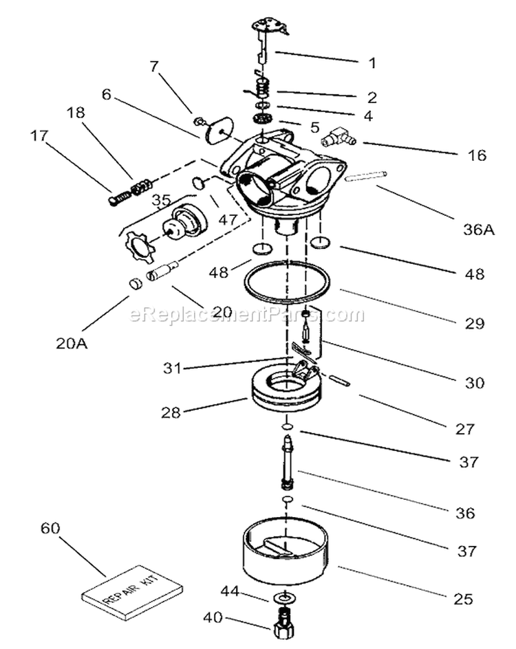 Carburetor Diagram and Parts List for 220000001-220300000 - 2002 Toro
