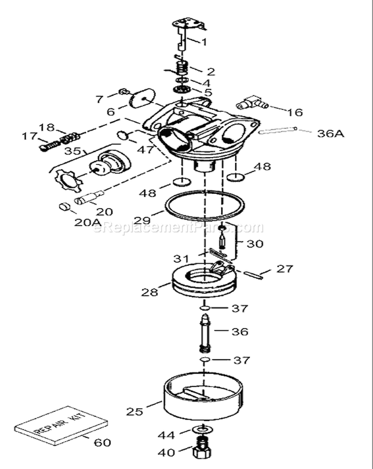 Carburetor Diagram and Parts List for 220000001-220300000 - 2002 Toro Lawn Mower