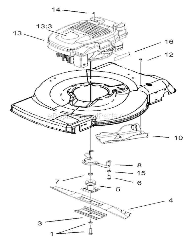 Engine and Blade Assembly Diagram and Parts List for 220000001-220300000 - 2002 Toro Lawn Mower