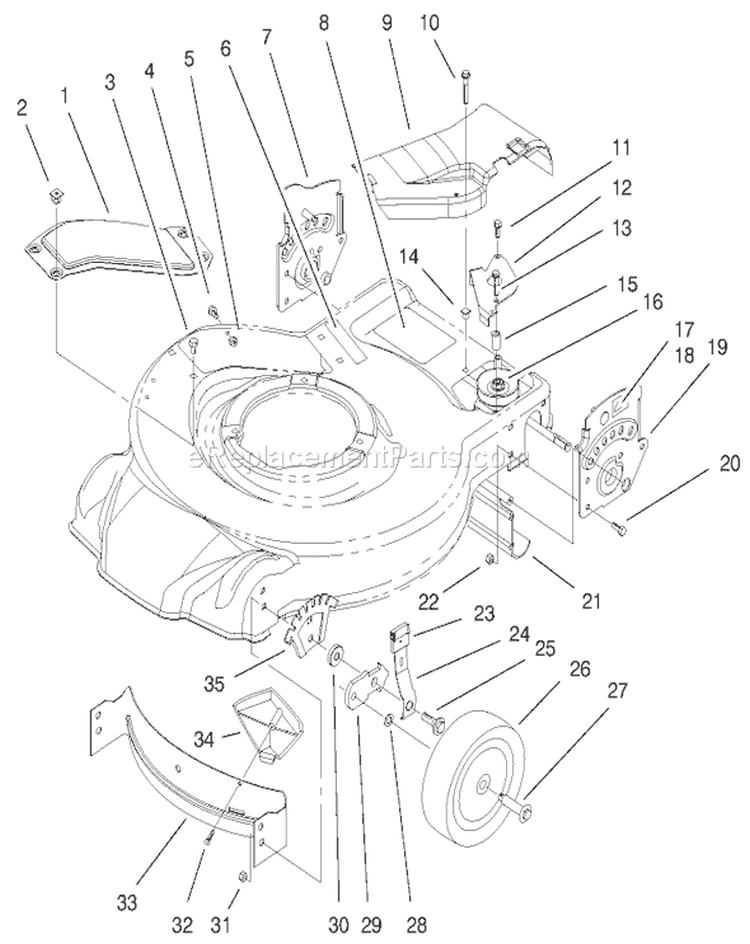 Housing, Handle Brackets and Wheel Assembly Diagram and Parts List for 200000001-200999999 - 2000 Toro Lawn Mower