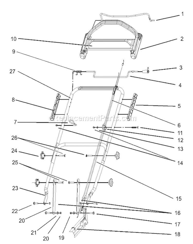 Handle and Control Assembly Diagram and Parts List for 230000001-230999999 - 2003 Toro Lawn Mower