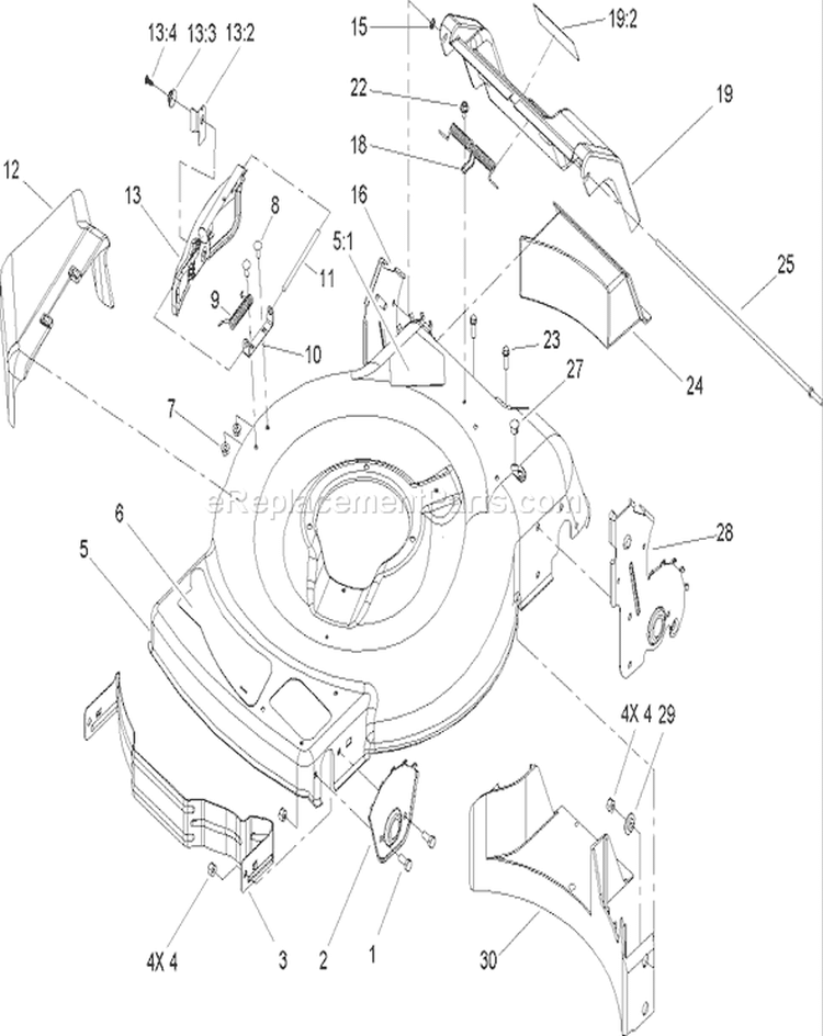 Housing Assembly Diagram and Parts List for 250000001-250999999 - 2005 Toro Lawn Mower