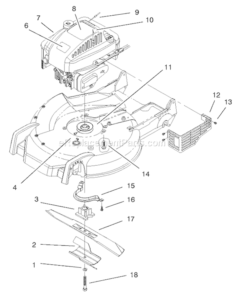 Engine and Blade Assembly Diagram and Parts List for 210000001-210999999 - 2001 Toro Lawn Mower