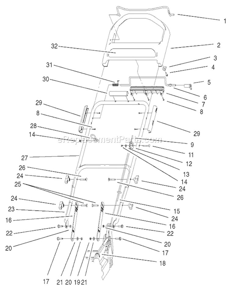 Handle and Control Assembly Diagram and Parts List for 210000001-210999999 - 2001 Toro Lawn Mower