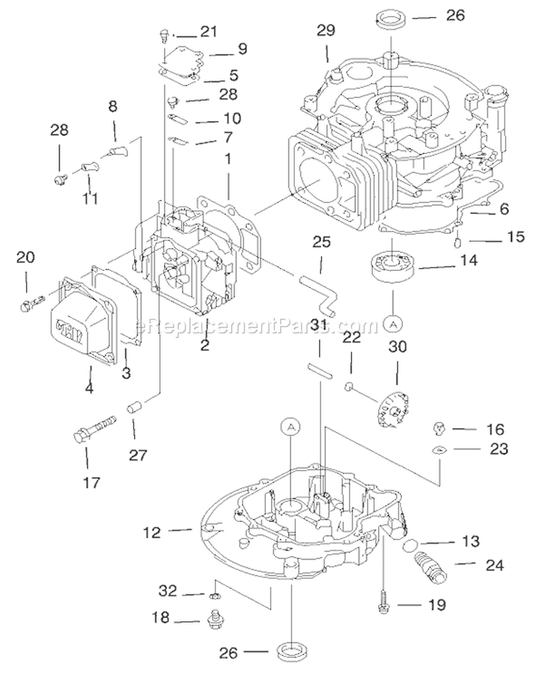 Cylinder and Crankcase Assembly Diagram and Parts List for 200000001-200999999 - 2000 Toro Lawn Mower