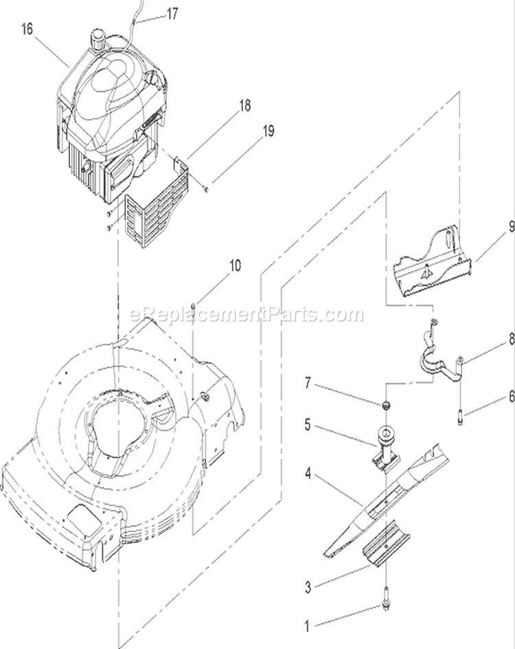 Engine and Blade Assembly Diagram and Parts List for 250000001-250999999 - 2005 Toro Lawn Mower
