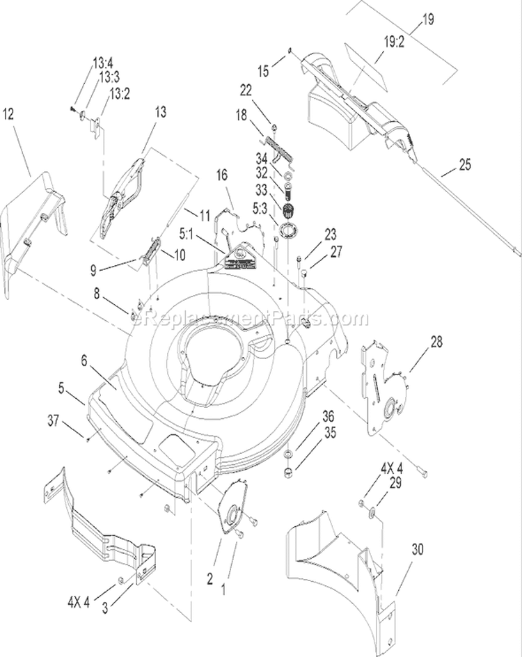Deck, Side Chute and Rear Door Assembly Diagram and Parts List for 270000001-270999999 - 2007 Toro Lawn Mower