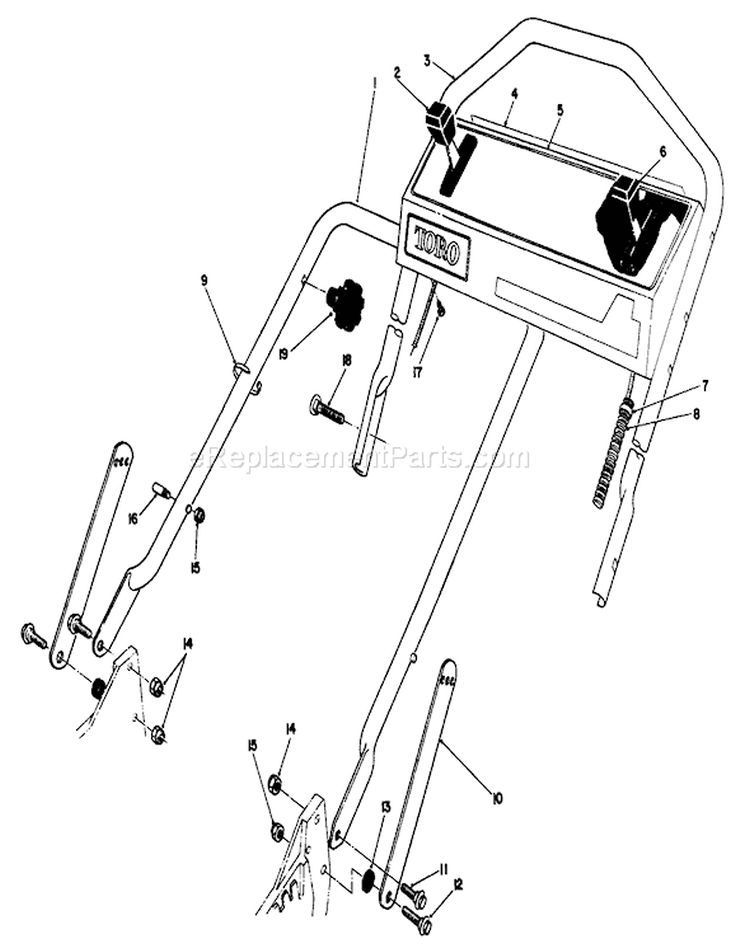 Handle Assembly Diagram and Parts List for 1000001-1999999 - 1991 Toro Lawn Mower