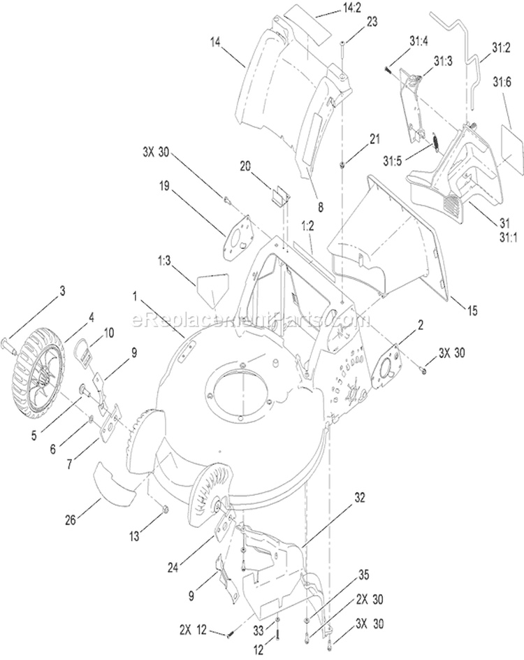 Housing and Tunnel Assembly Diagram and Parts List for 310000001-310999999 - 2010 Toro Lawn Mower