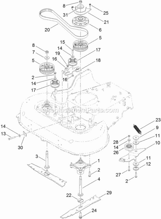 Belt_Spindle_And_Blade_Assembly Diagram and Parts List for 313000001 - 313999999 Toro Lawn Mower