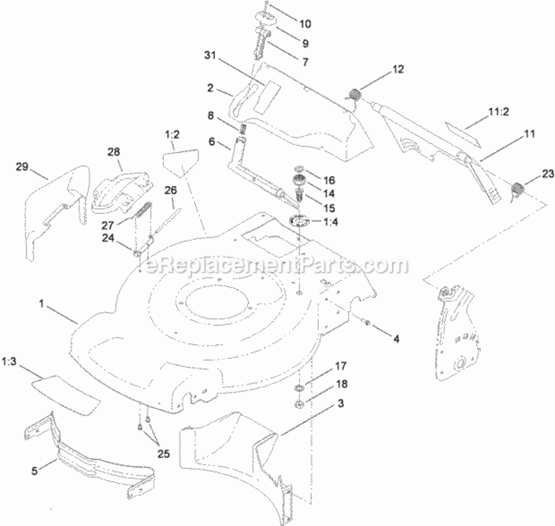 E - E - Housing And Rear Door Assembly Diagram and Parts List for 311000001 - 311999999 Toro Lawn Mower