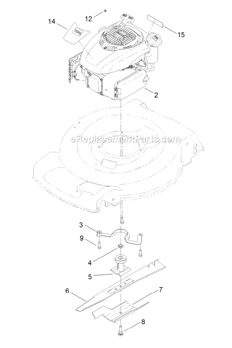 Engine And Blade Assembly Diagram and Parts List for 2012 Toro