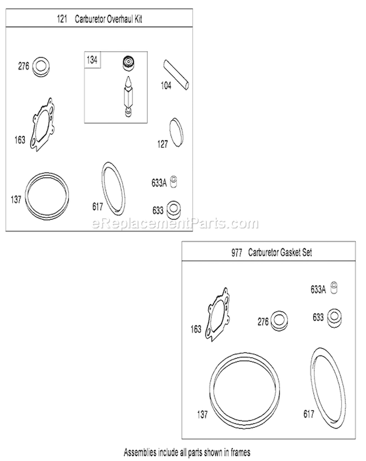 Carburetor Overhaul Kit Diagram and Parts List for 290000001-290999999 - 2009 Toro Lawn Mower