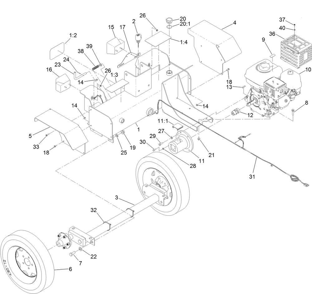 Engine, Axle And Hydraulic Tank Assembly Diagram and Parts List for 402000000-404319999 Toro Log Splitter