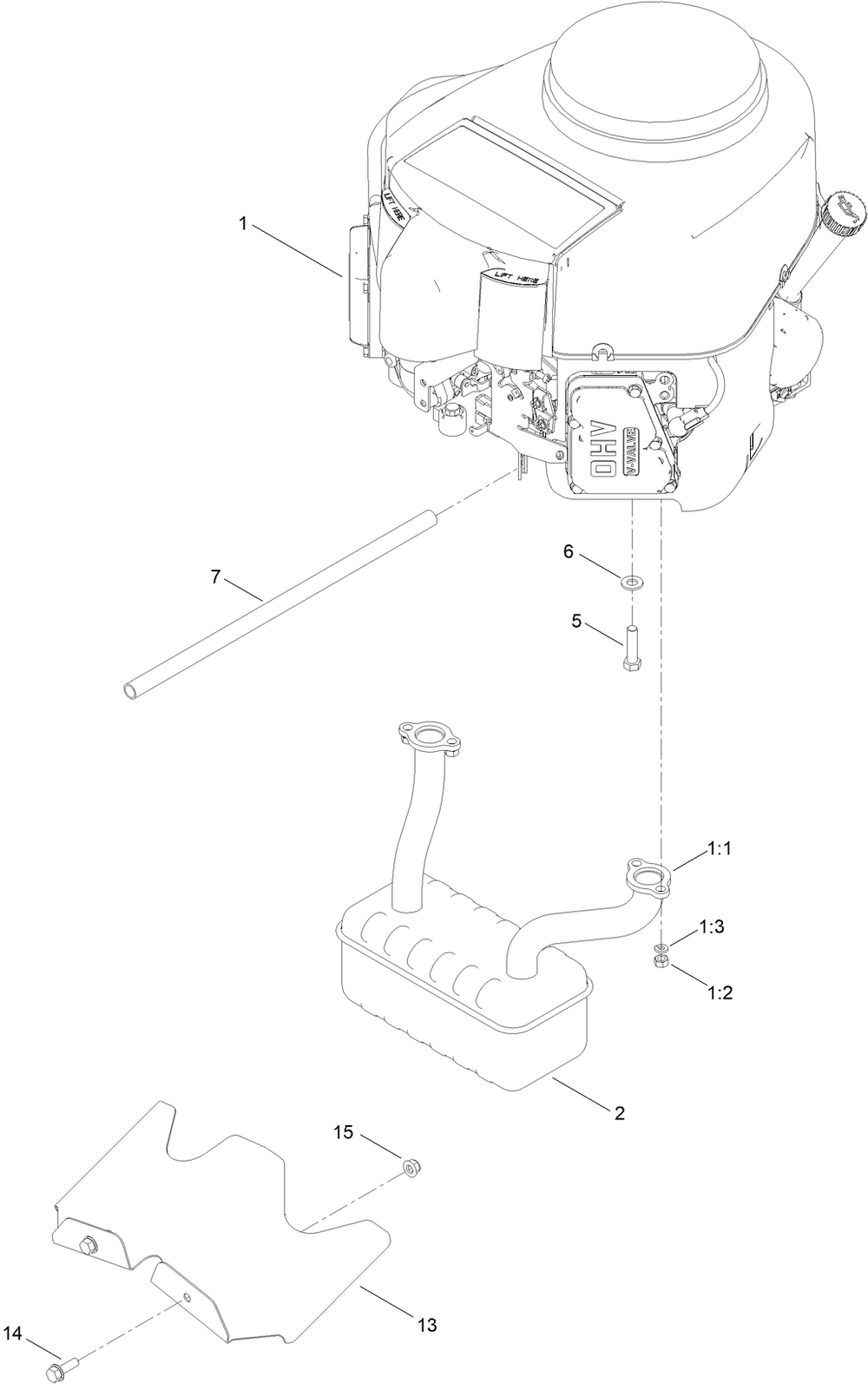 Engine And Muffler Assembly Diagram and Parts List for 411000000 - 412659999 Toro Lawn Tractor
