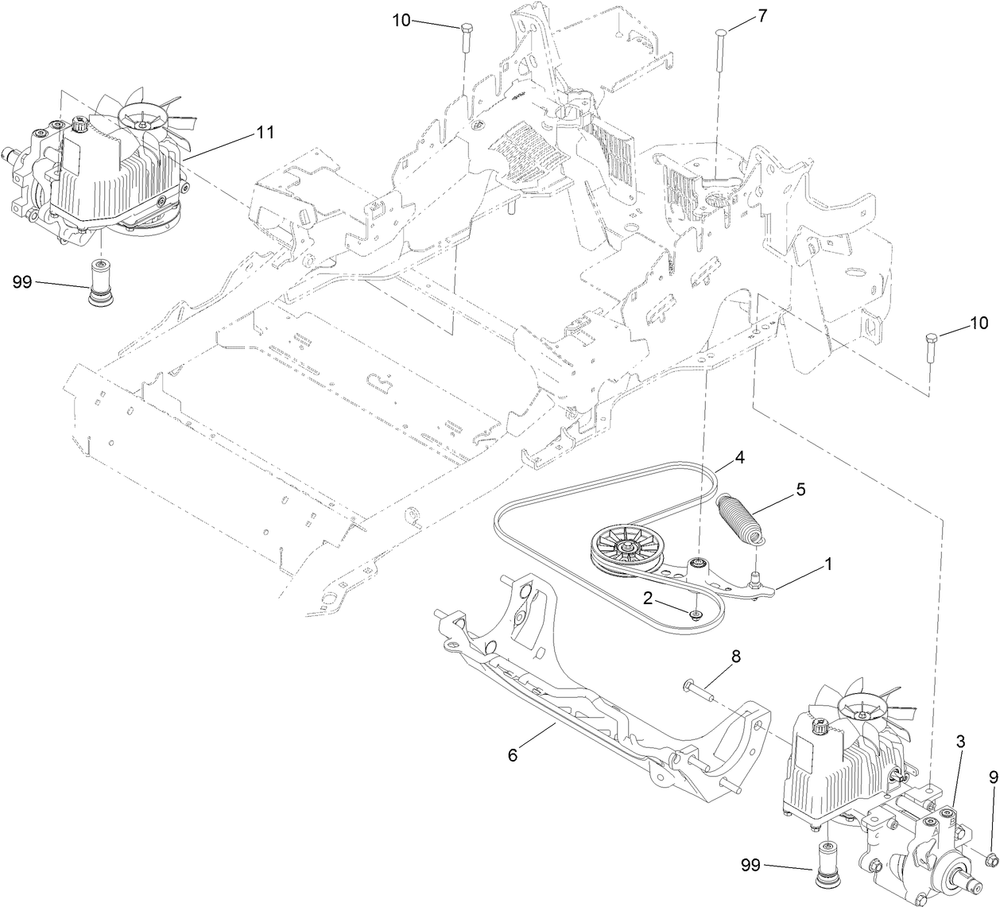 Hydraulic Pump, Idler And Belt Assembly Diagram and Parts List for 402090000-403010621 Toro Lawn Mower
