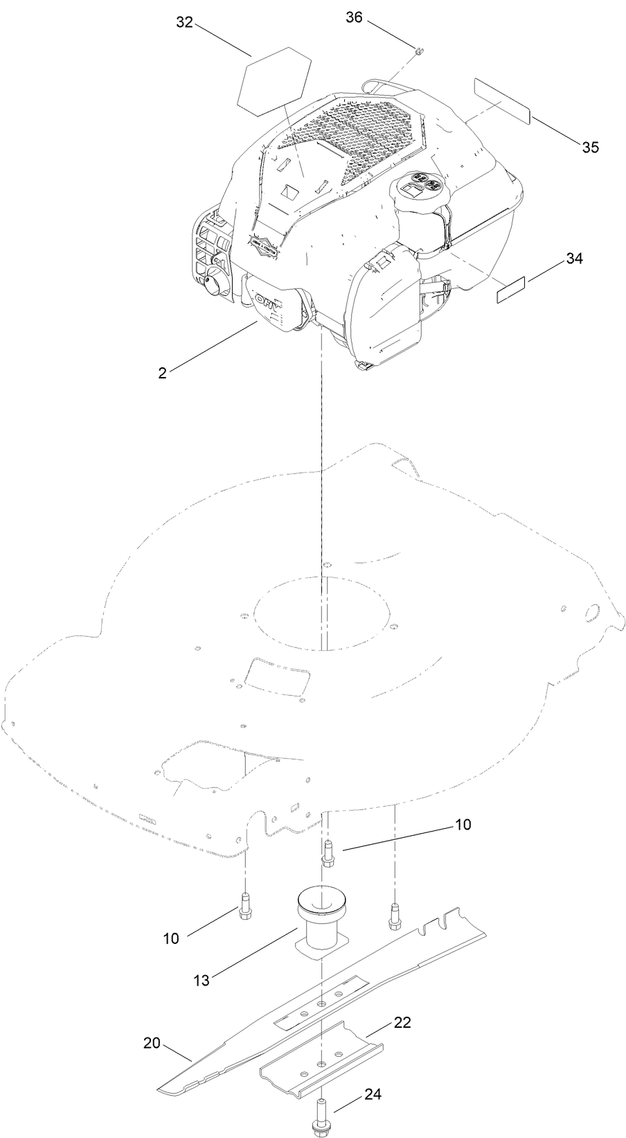 Engine And Blade Assembly Diagram and Parts List for 411998892 - 999999999 Toro Lawn Mower