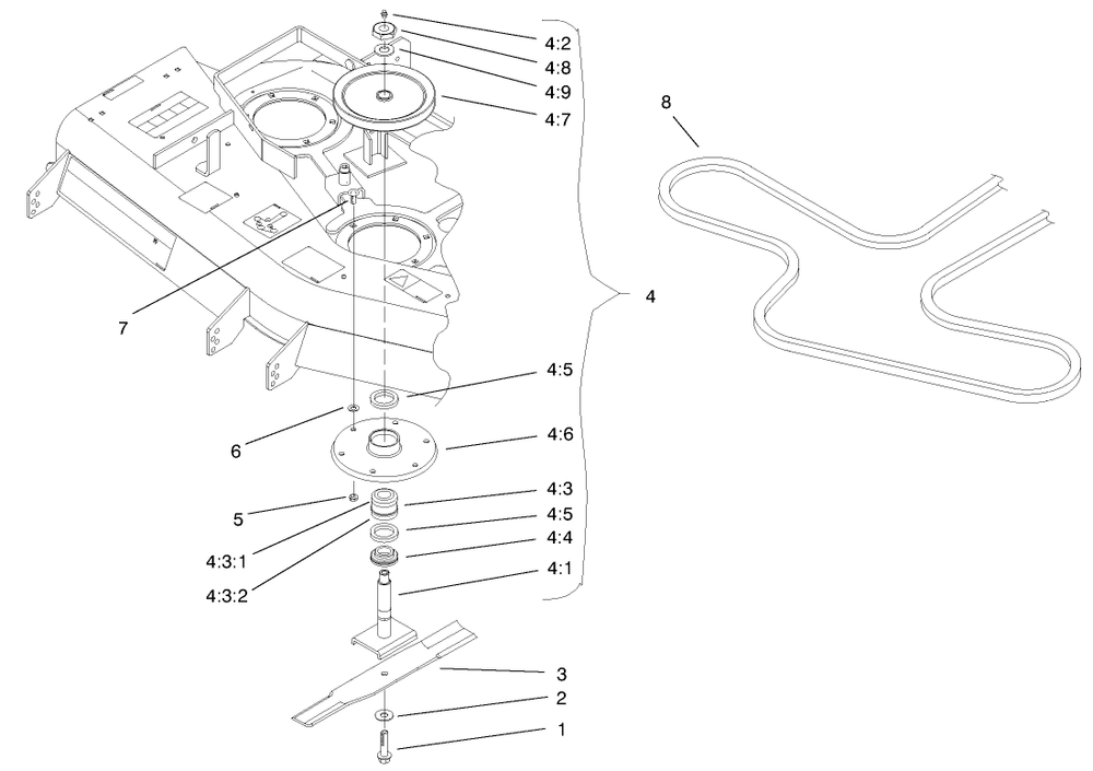 Blade, Spindle And Belt Assembly Diagram and Parts List for (990001-999999)(1999) Toro Lawn Mower
