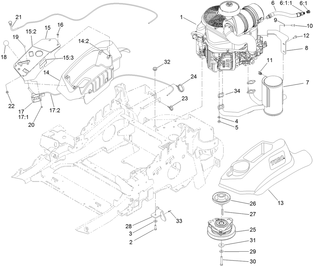 Engine, Muffler And Control Panel Assembly Diagram and Parts List for (313000001-313999999)(2013) Toro Lawn Mower