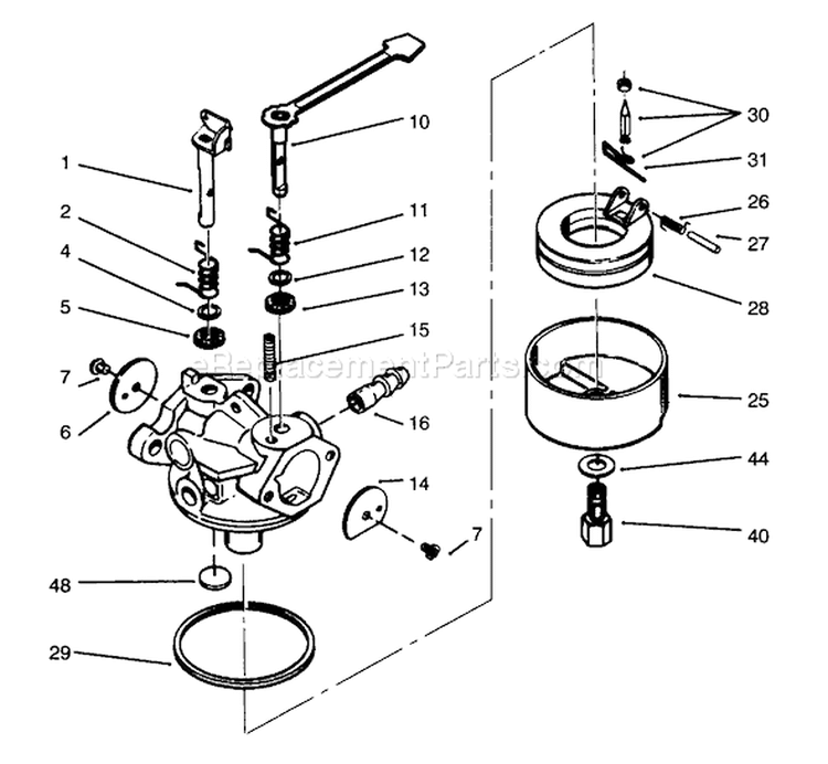 Carburetor Diagram and Parts List for 6900001-6999999 - 1996 Toro Snow Blower