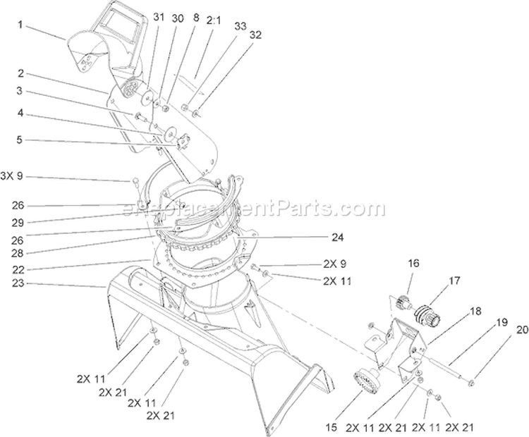 Chute Assembly Diagram and Parts List for 250000001-250999999 - 2005 Toro
