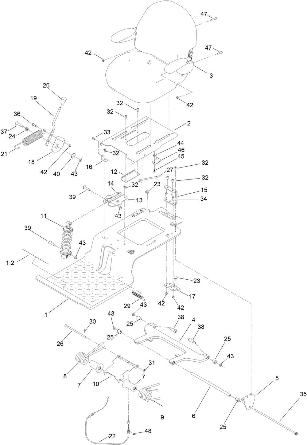 Seat Pan Assembly Diagram and Parts List for 412456588 - 412999999 Toro Lawn Tractor