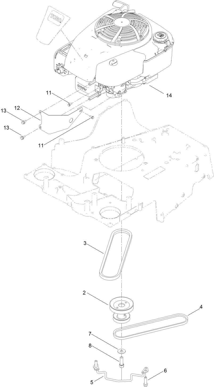 Engine And Belt Assembly Diagram and Parts List for 407700000 - 410243166 Toro Lawn Mower