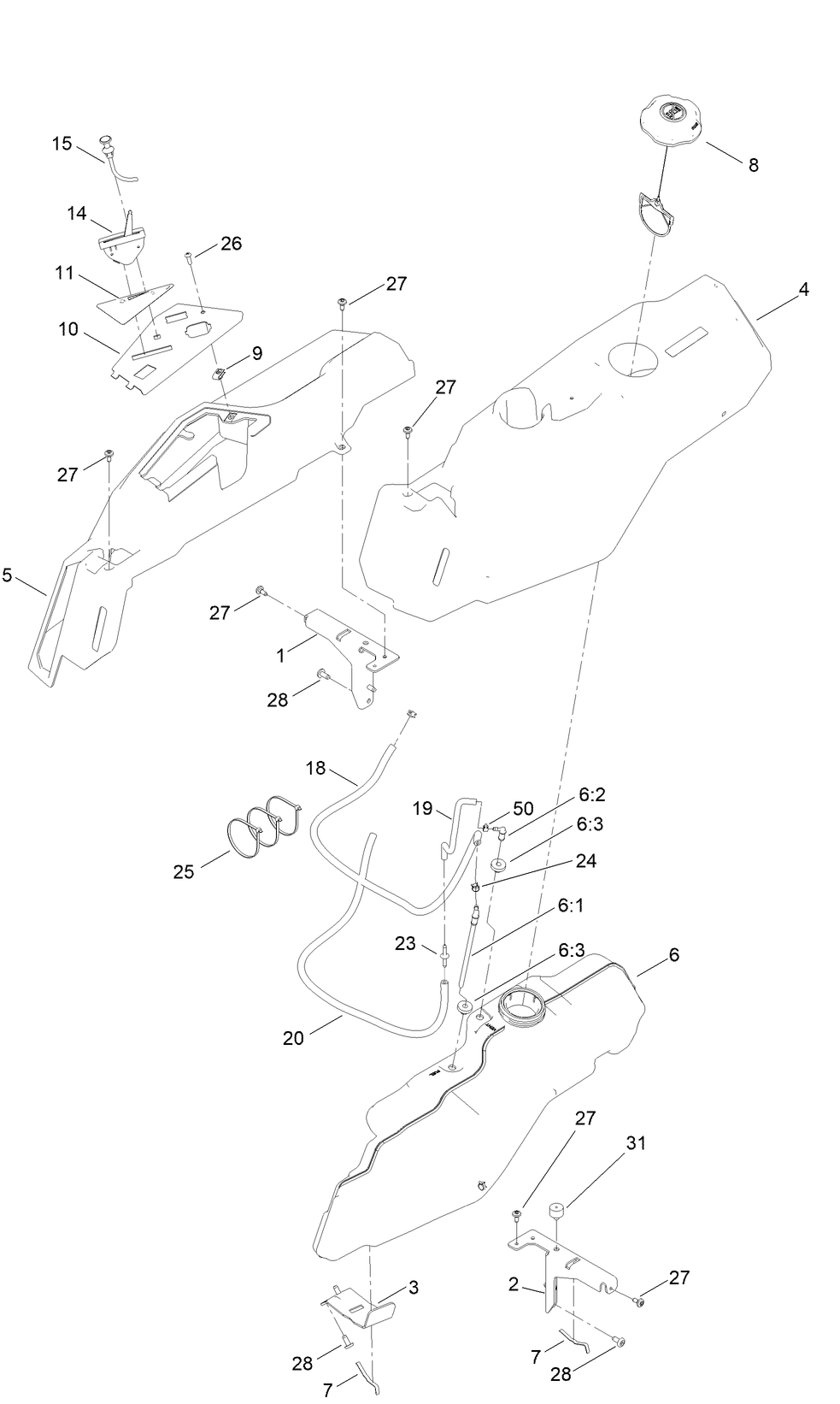 Fuel Pod Assembly Diagram and Parts List for 414000000 - 414557041 Toro Lawn Tractor