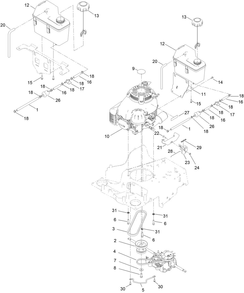 Engine And Fuel Tank Assembly Diagram and Parts List for 413000000 - 999999999 Toro Lawn Mower