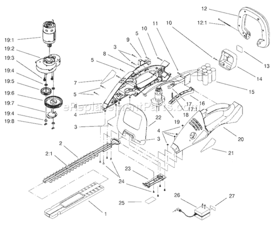 Hedge Trimmer Assembly Diagram and Parts List for 220000001-2209999992002 Toro Trimmer