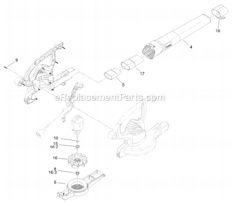 Impeller  Tube Assembly Diagram and Parts List for  Toro Leaf Blower / Vacuum