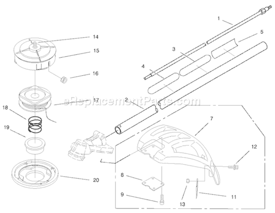 Head, Shaft And Shield Assembly Diagram and Parts List for 200000001-2009999992000 Toro Trimmer