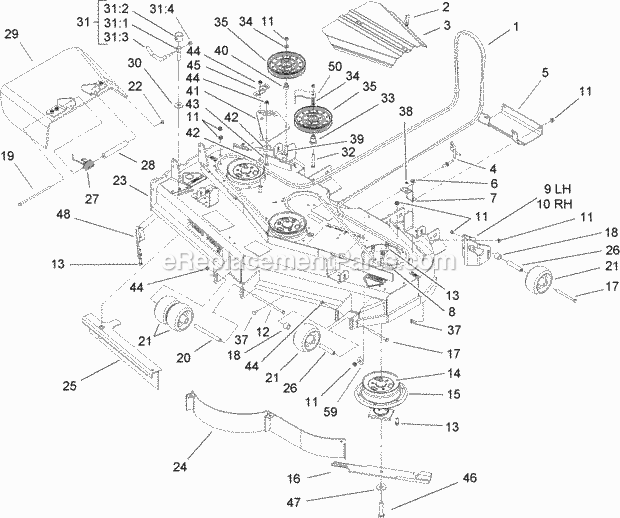 Deck Assembly Diagram and Parts List for 250000001-250999999 Toro Lawn Mower