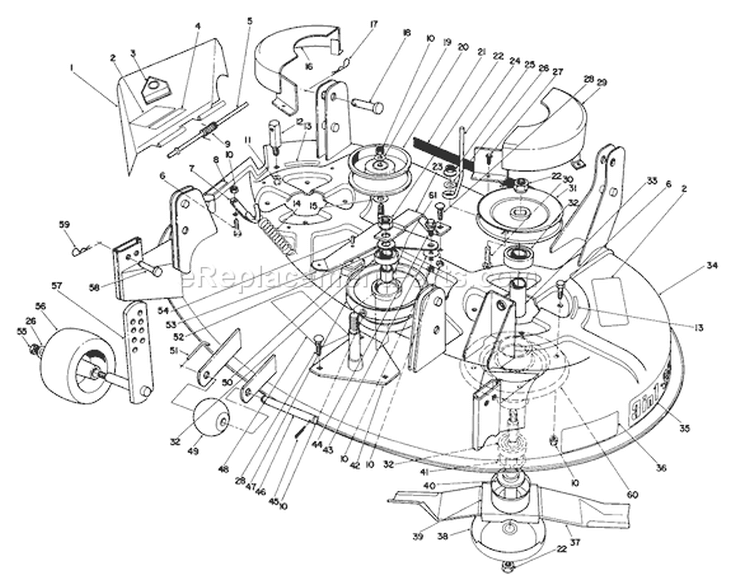 38" Cutting Deck Assembly Diagram and Parts List for 9000001-9999999 - 1989 Toro Lawn Tractor