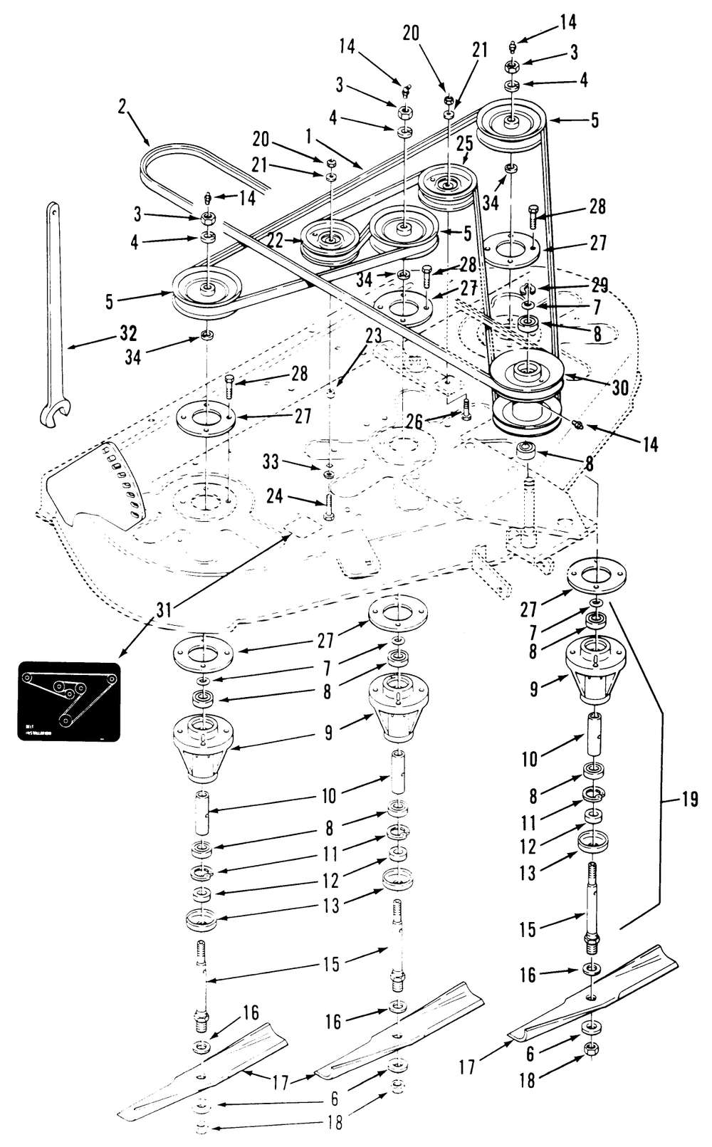 Spindle & Blade Assembly Diagram and Parts List for 1000001 - 1999999 Toro Lawn Mower